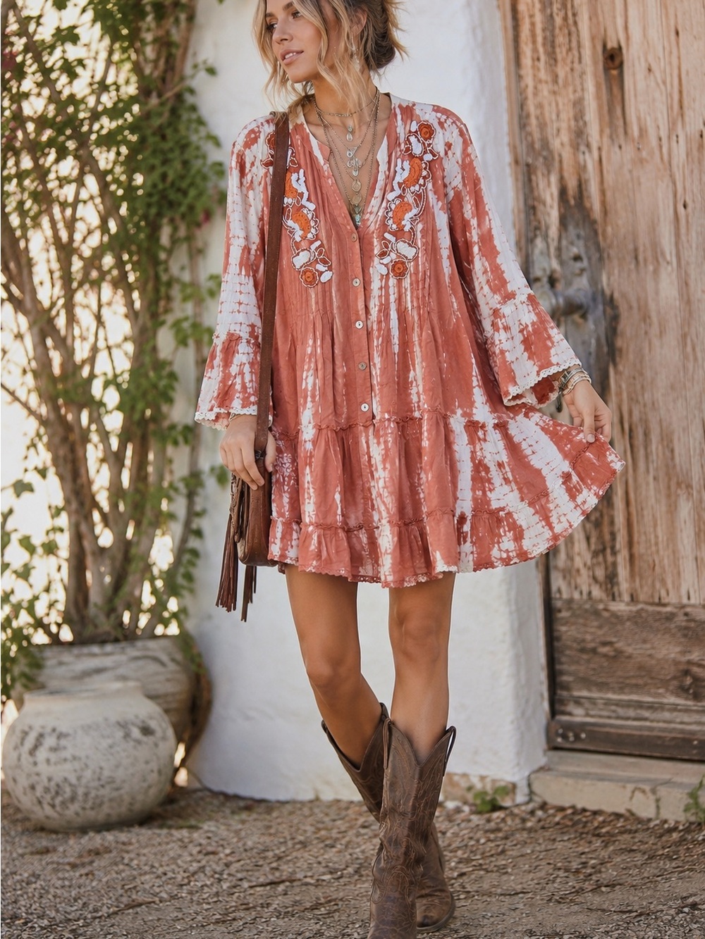 Parsley & Sage Embroidered Tie Dye Boho Tiered Tunic Dress XL